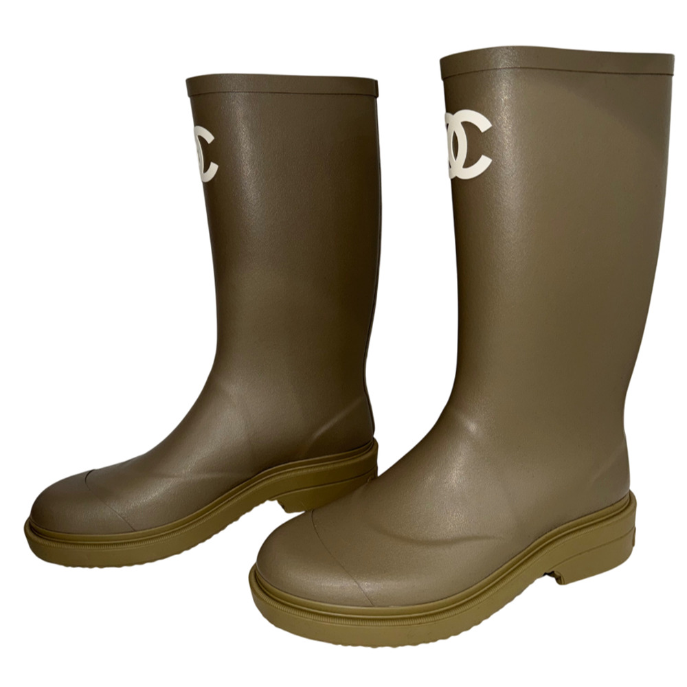 Chanel REV Dark Beige Moss Green White CC Logo High Pull On Rubber Rain Boots 39 - Picture 11 of 15